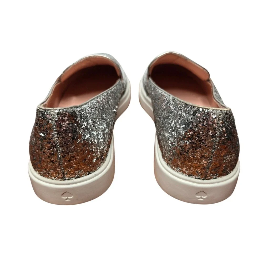 Kate Spade Clover Glitter Leather Slip-On Sneakers Silver Metallic Loafers 7.5